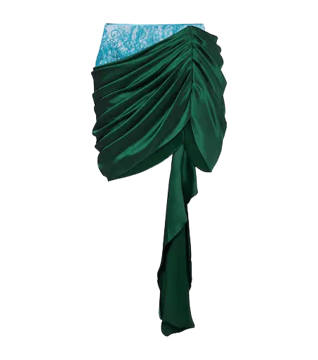 Draped lace-trimmed silk satin miniskirt