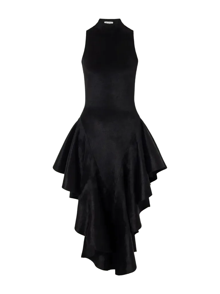 Ruffled velvet turtleneck midi dress