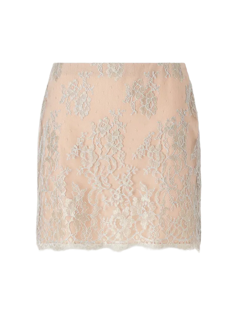 Metallic lace-trimmed satin mini skirt