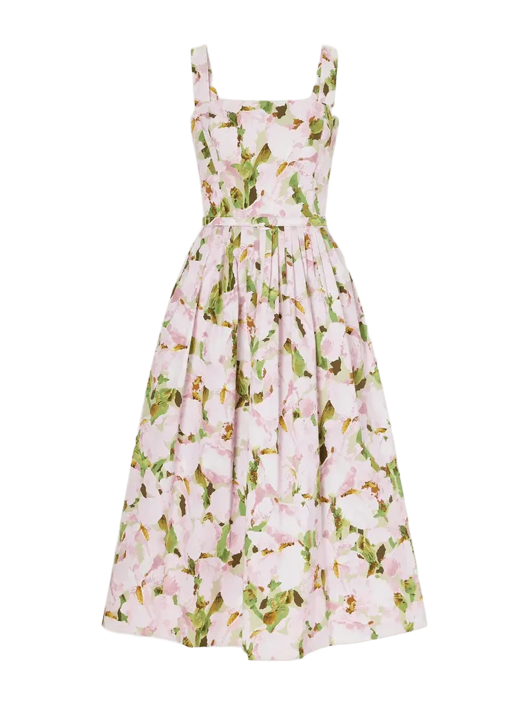 Belted pleated floral-print cotton-blend poplin midi dress