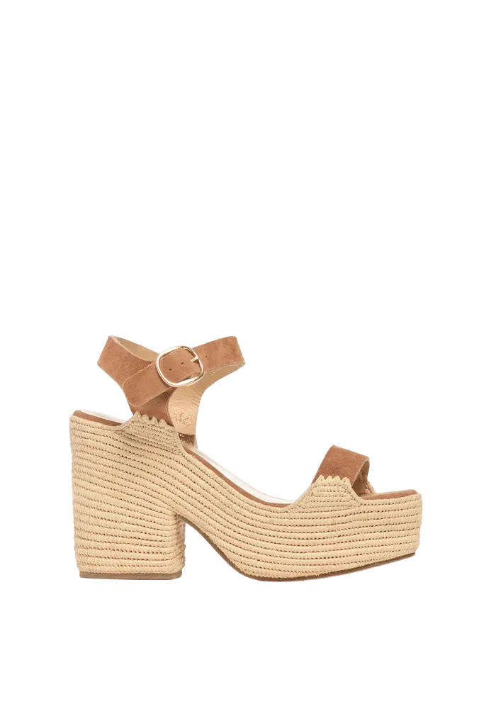 Sardis Platform Sandal in Camel Suede & Natural Raffia