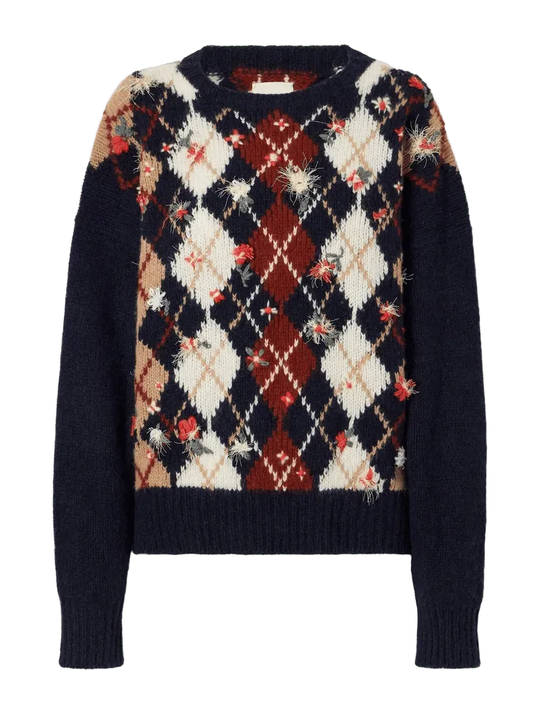 Timi argyle-intarsia floral-embroidered cashmere and mohair-blend sweater