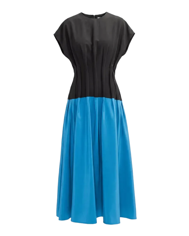 Azure Pleated Colorblock Silk Midi Dress