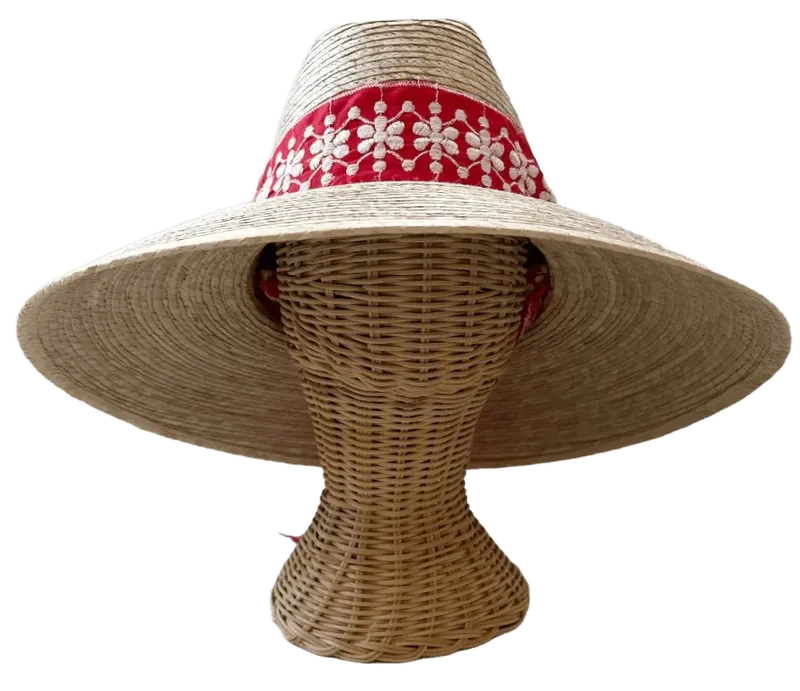 Hollyhock Sun Hat - Vintage Red and White Embroidered Ribbon