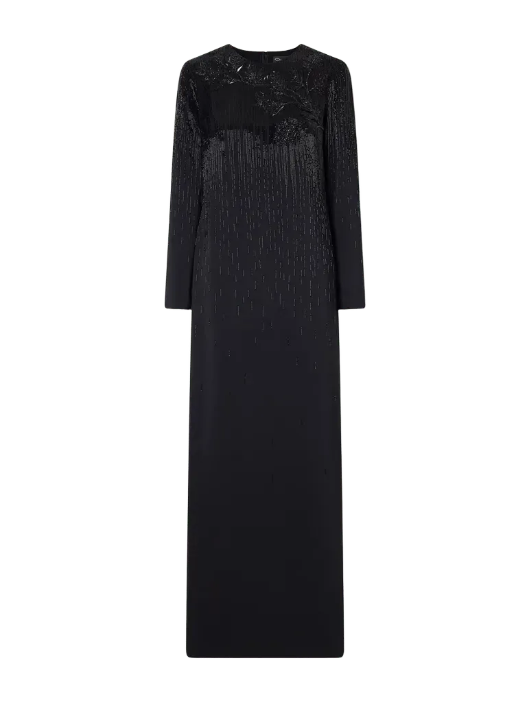 Floral-appliquéd bead-embellished stretch-crepe gown