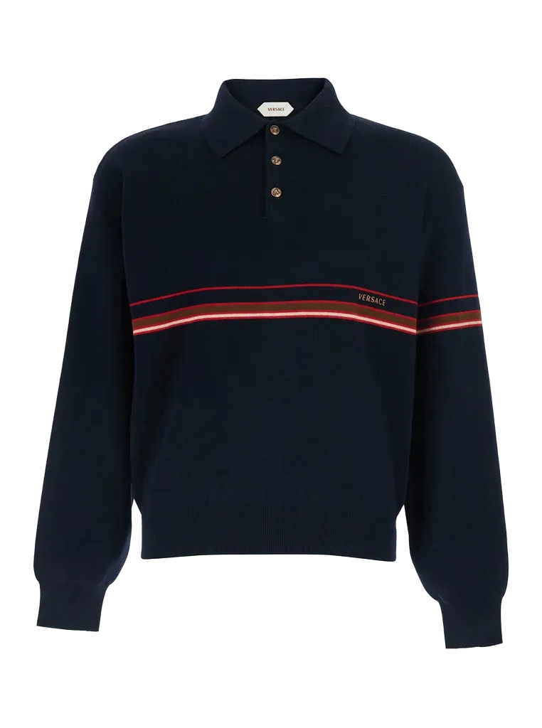 Versace Striped Cotton Polo Shirt — Navy