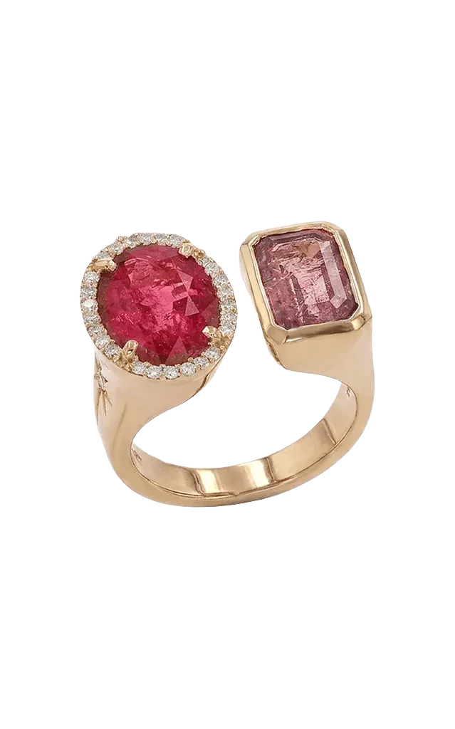 14K Yellow Gold Pink Tourmaline and Diamond Two Stone Ring