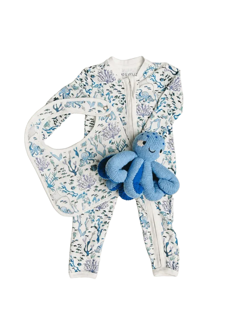 Baby One-Piece and Classic Bib - Coral Reef with Indigo the Octopus - Knit Doll