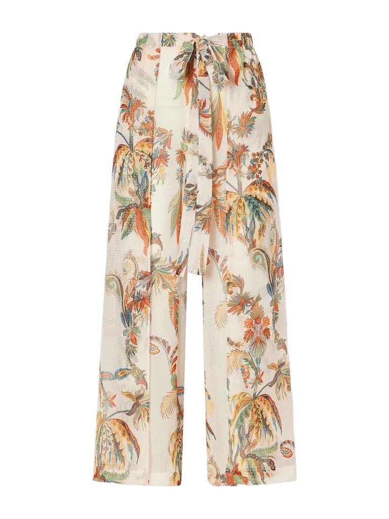 Belted tiered paisley and floral-print satin wide-leg pants