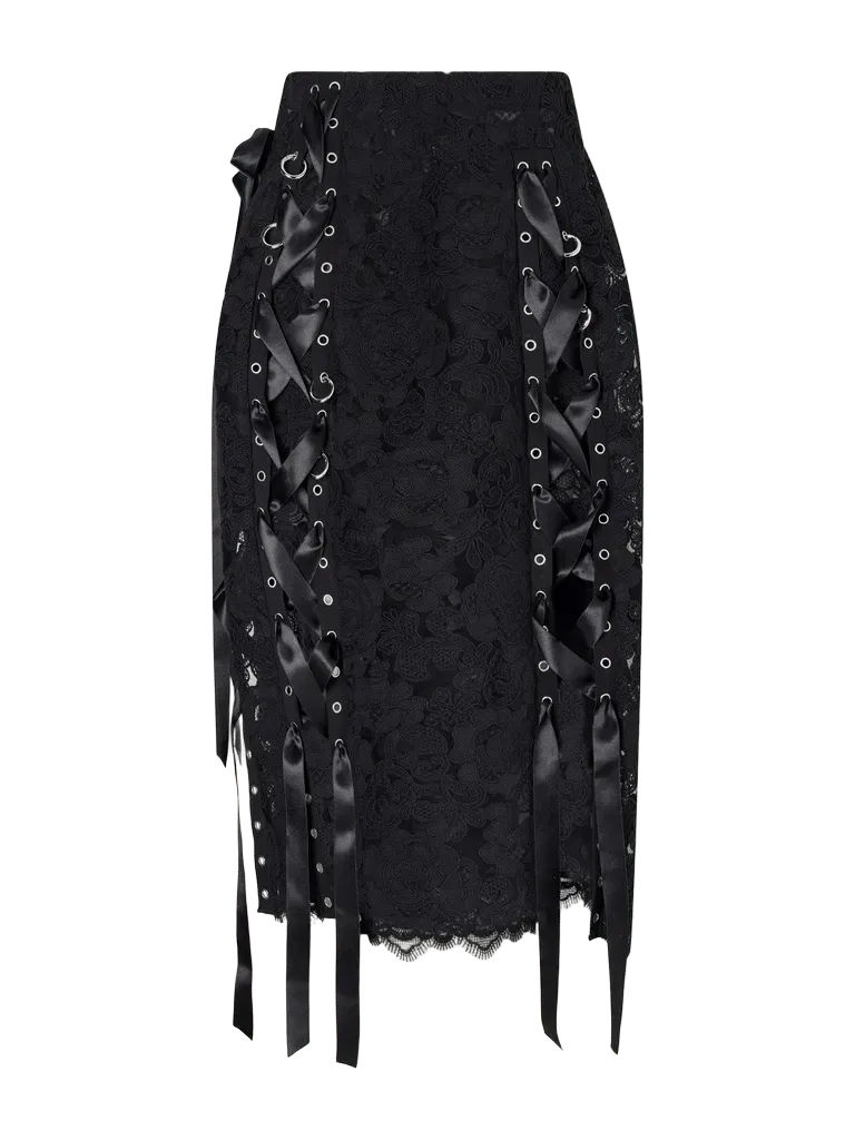 Unraveling Ribbon Ring asymmetric embellished lace and satin midi skirt