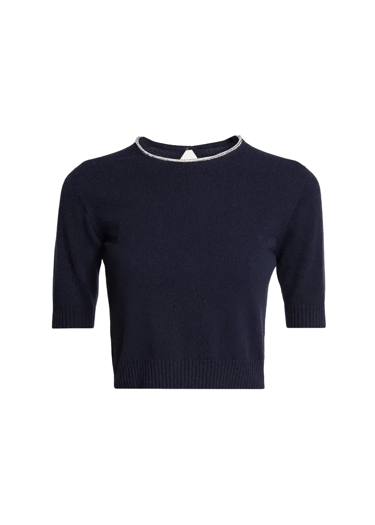 Giorgio Armani Crystal Crewneck Short-Sleeve Silk Knit Crop Shirt