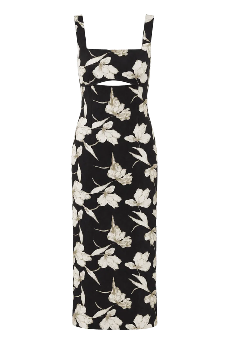 Black & Tan Floral Cut-Out Corolla Column Maxi Dress