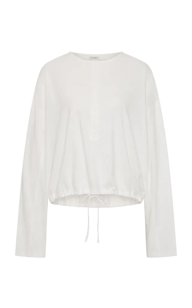 Button Drawstring Cotton Long-Sleeve Top