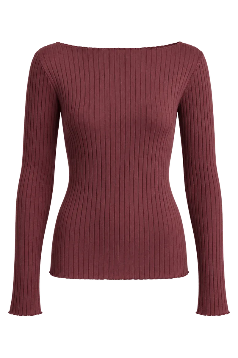 Ribbed Cotton-Blend Slash-Neck Long-Sleeve Top