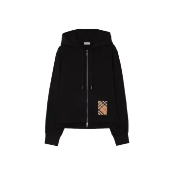 Cashmere Check Patch Cotton Zip Hoodie in Black - Women | Burberry Official