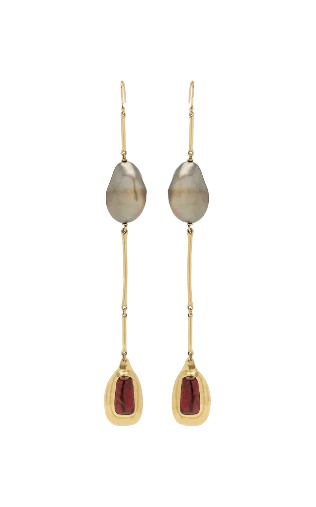 18k Green Gold Tahitian Pearl and Garnet Shoulder Suster Earring