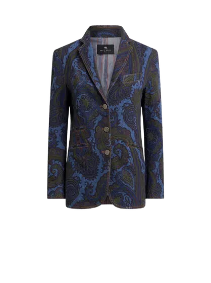 SINGLE-BREASTED STRETCH COTTON DENIM JACKET WITH PAISLEY MOTIF