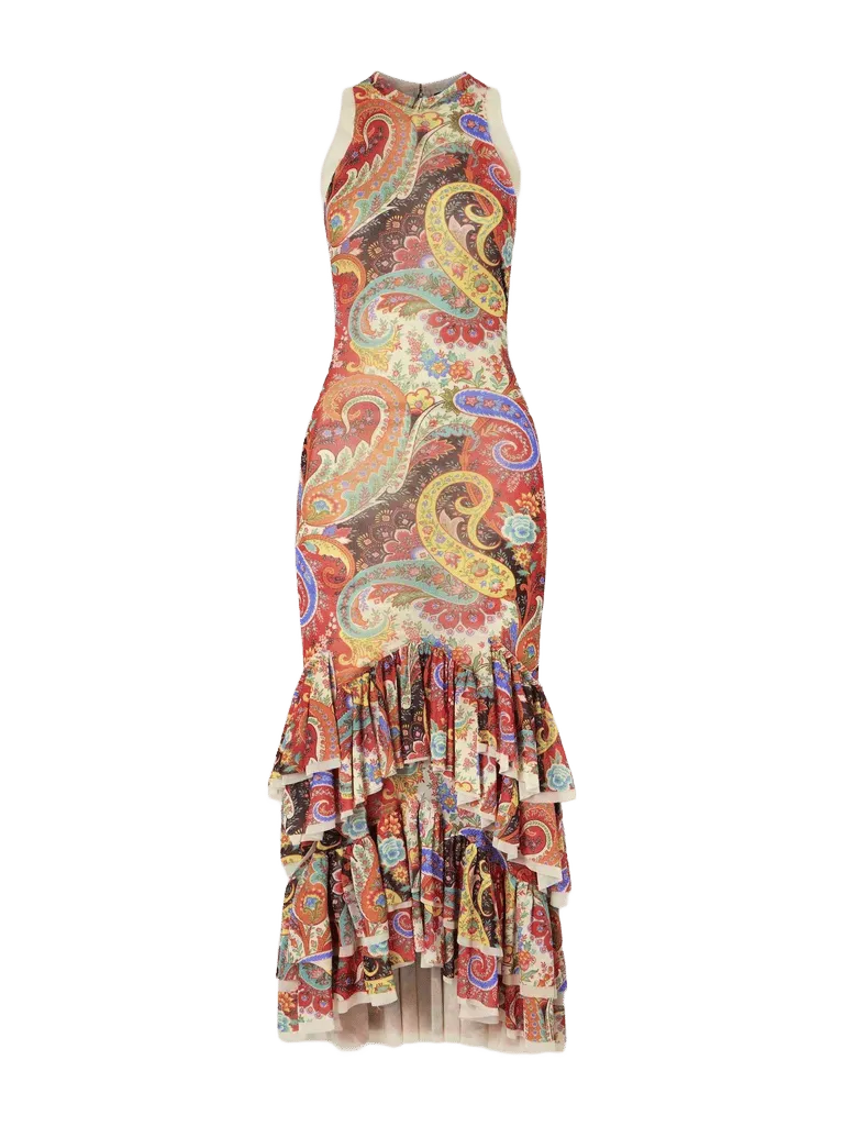 Ruffled paisley-print chiffon midi dress