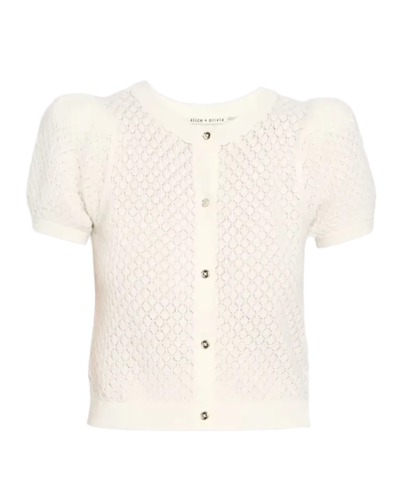 Sabine Puff-Sleeve Pointelle-Knit Crewneck Cardigan