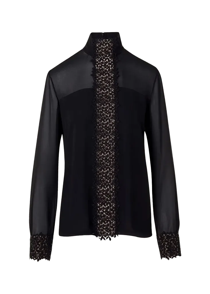 Mock-Neck Lace Inset Long-Sleeve Blouse