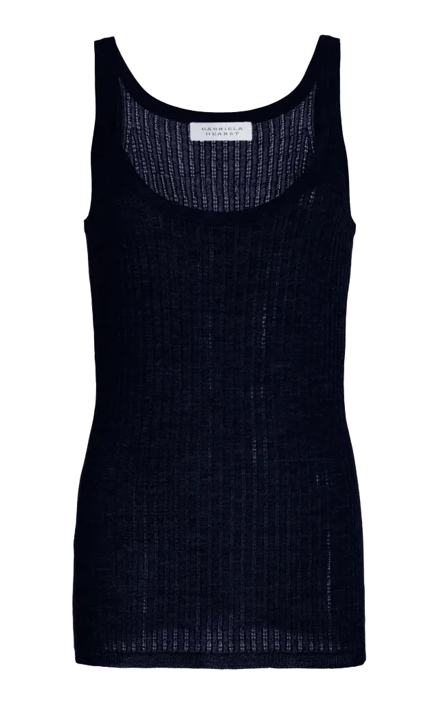 Nevin Pointelle Knit Tank Top in Dark Navy Cashmere Silk