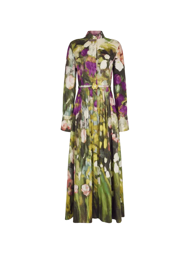 Long Sleeve Abstract Garden Poplin Sateen Dress