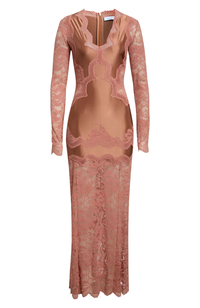 Lace Detail Long Sleeve Satin Maxi Dress