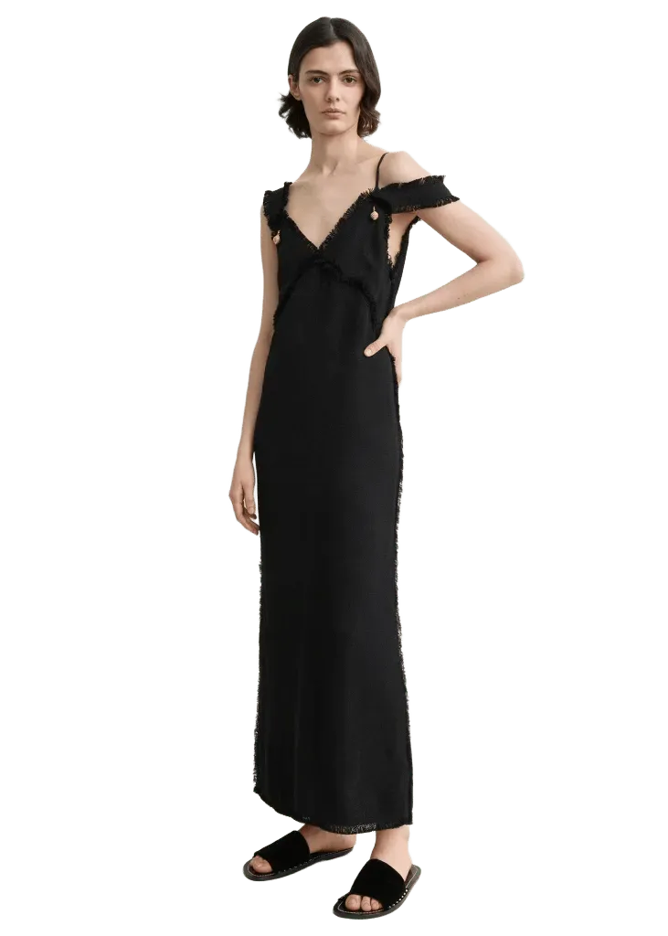 V-neck raw slip dress black