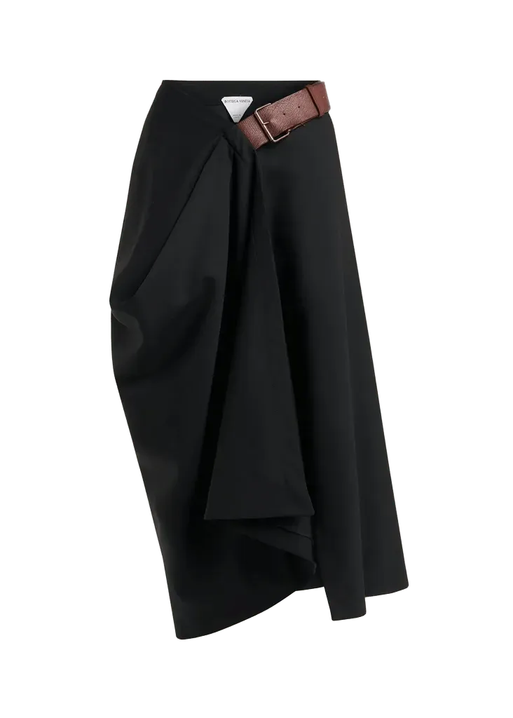 Belted Asymmetric Draped Wool Midi Wrap Skirt