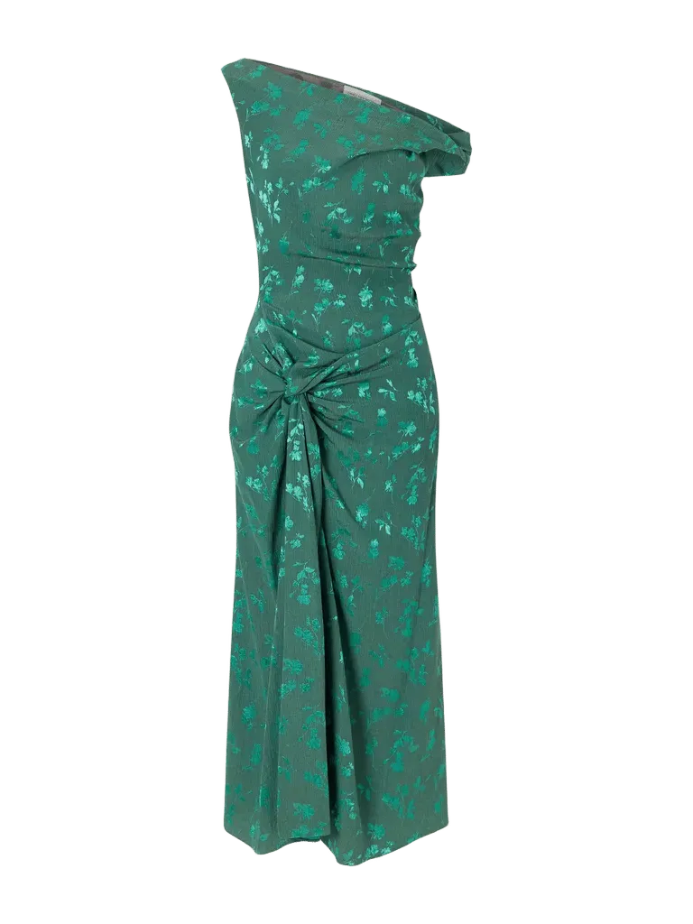 Floral-jacquard knot-detail satin midi dress