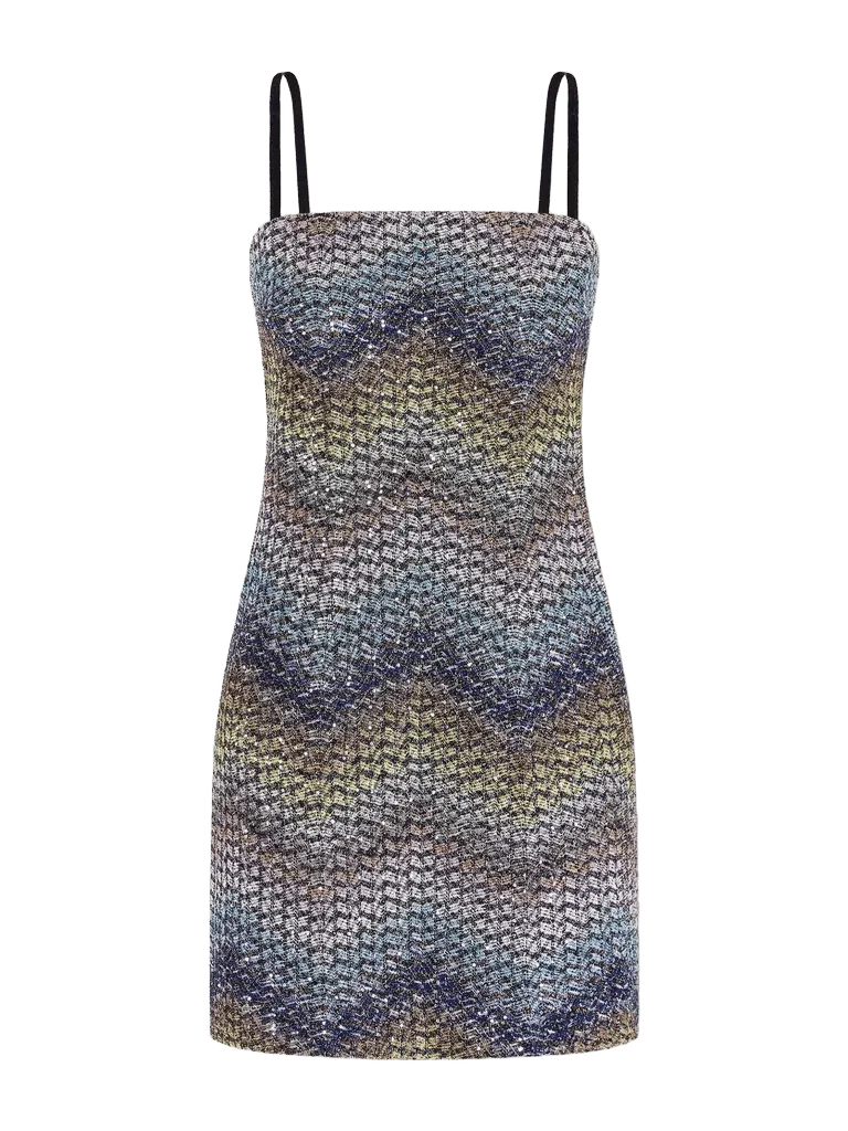 Sequin-embellished metallic crochet-knit mini dress