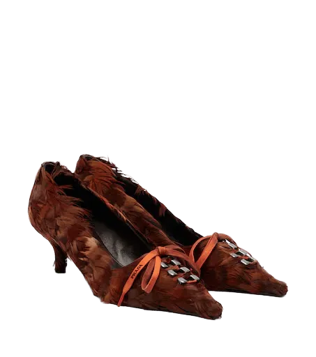 Feather-trimmed satin pumps