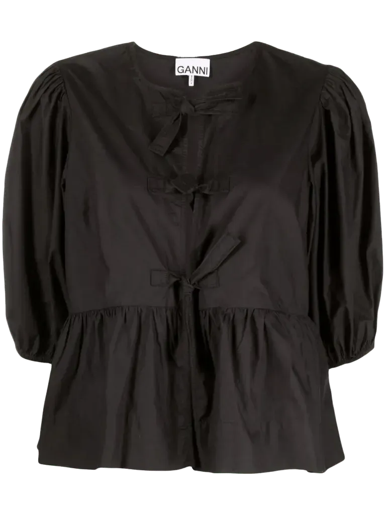 GANNI cotton poplin peplum tie blouse