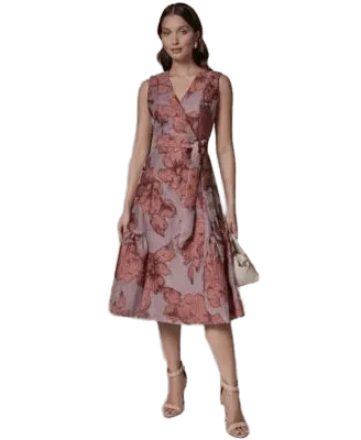 Women's Sleeveless Jacquard Faux Wrap V-Neck Floral Midi A-Line Dress