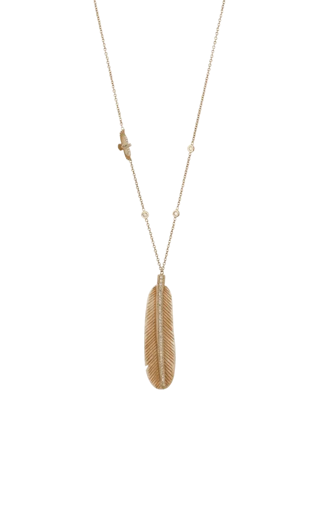 14k Yellow Gold Pave Bone Feather 3 Dia Baby Thunderbird Side Necklace