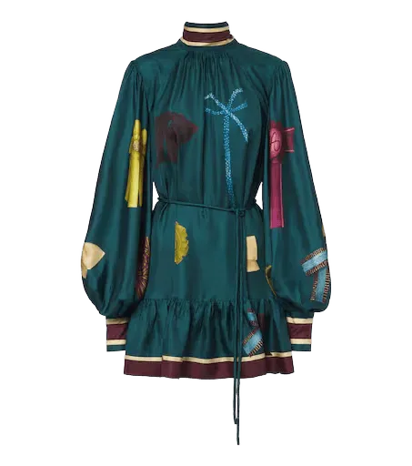 Rosette printed silk twill minidress