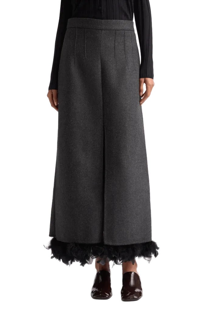 Feather Trim Wool Blend Maxi Skirt
