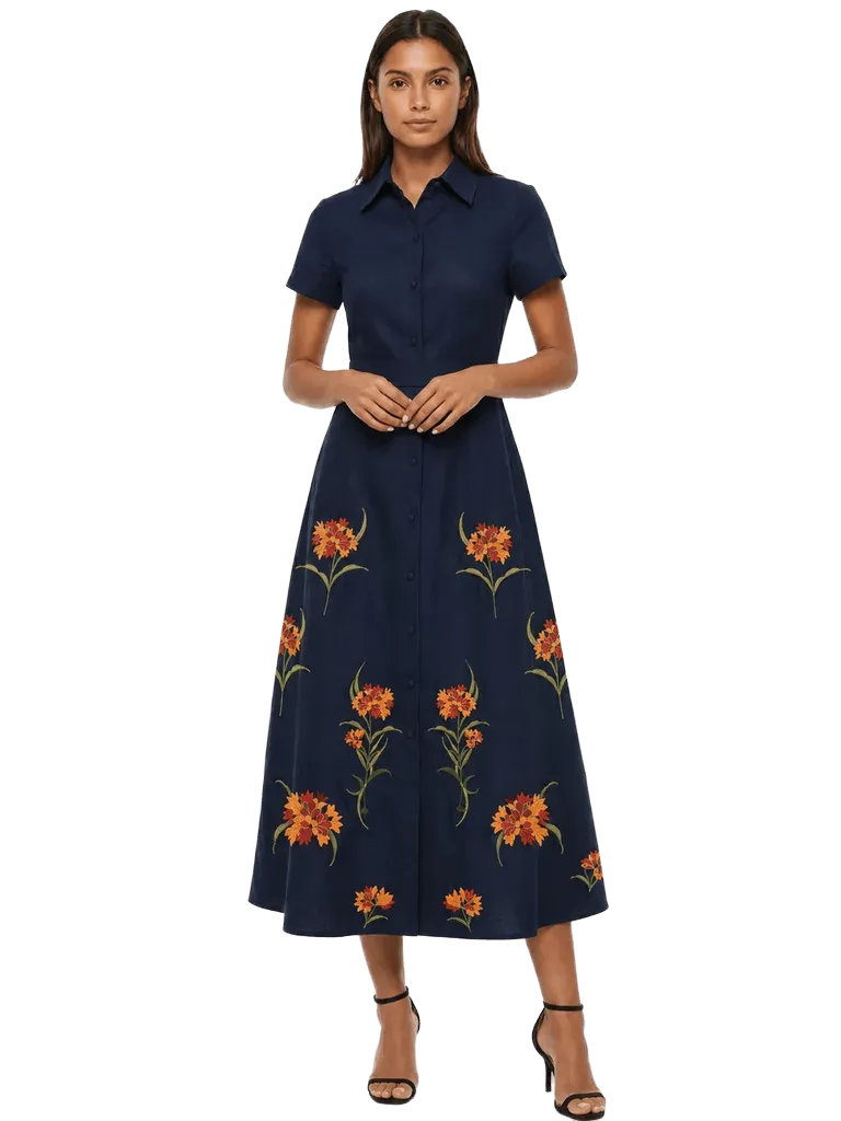 Elena Shirt Dress in Blue Indigo Pearl Embroidery