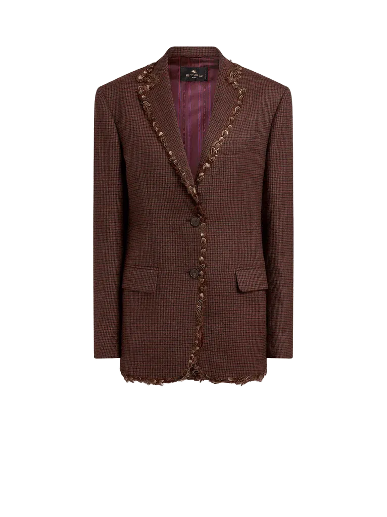 SINGLE-BREASTED WOOL JACKET WITH PHEASANT FEATHERS AND MICRO HOUNDSTOOTH MOTIF