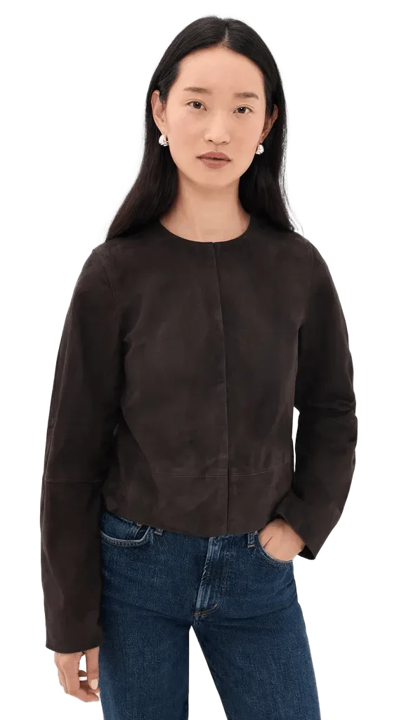 Collarless Cropped Suede Jacket