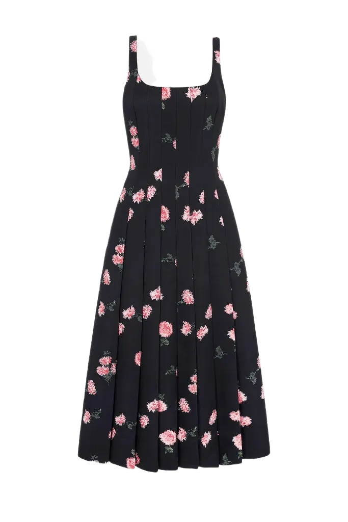 Adele Dress in Pink Ditsy Chrysanthemum on Black Taffeta Faille