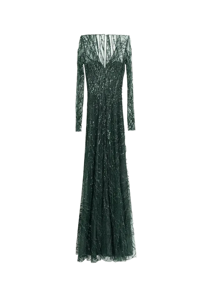 Long-Sleeve Beaded Tulle A-Line Gown