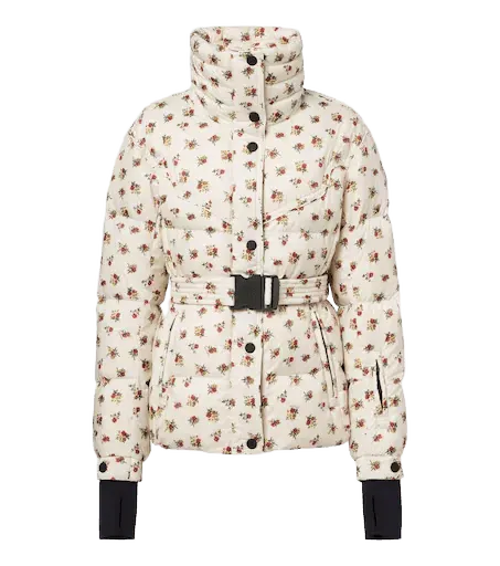 Floral belted down ski jacket