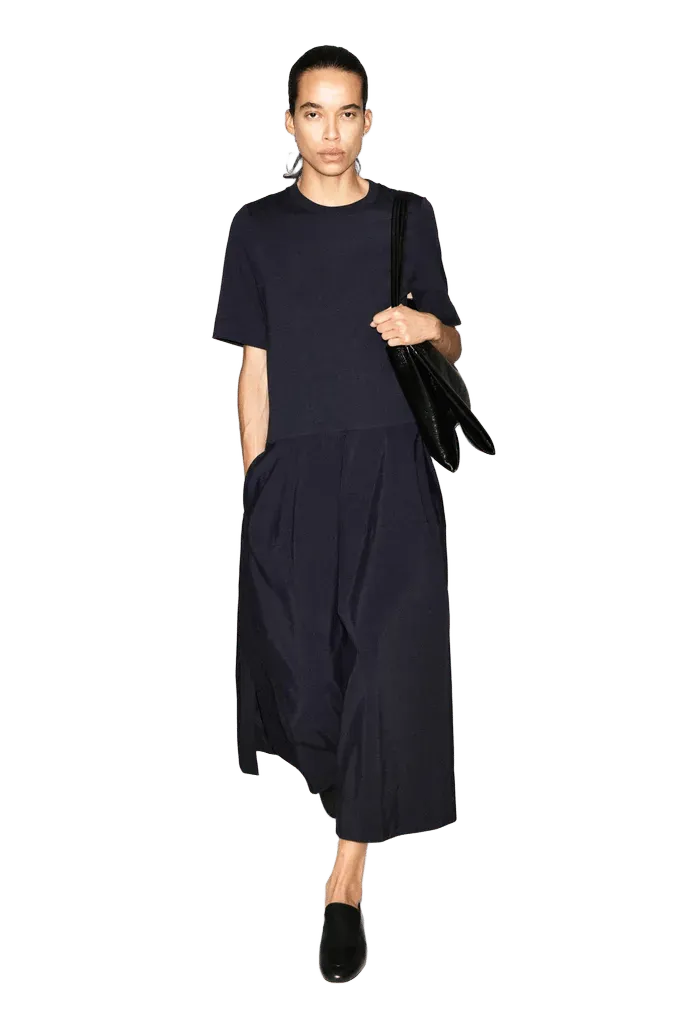 DROPPED-WAIST CONTRAST-PANEL MIDI DRESS