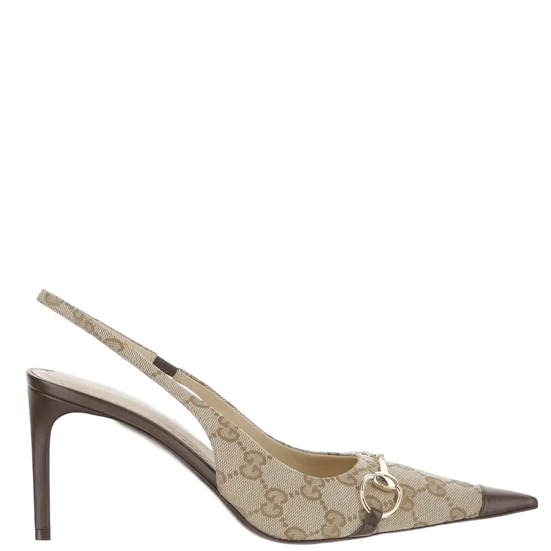 Gucci Pointed-Toe Leather Slingback Pump — Beige