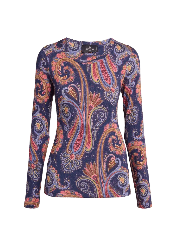 Etro Paisley-Print Wool Jersey Long-Sleeve Top