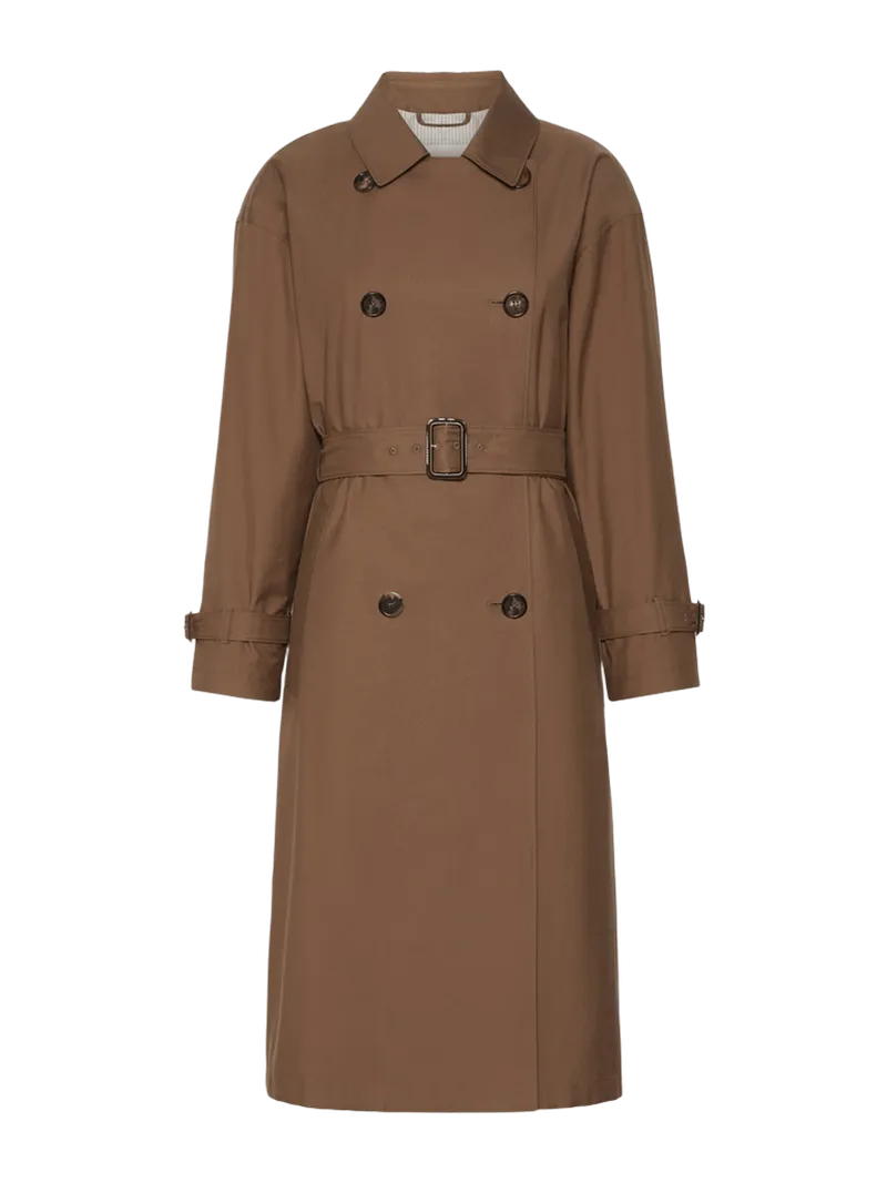 Water-repellent cotton twill midi trench coat - BROWN