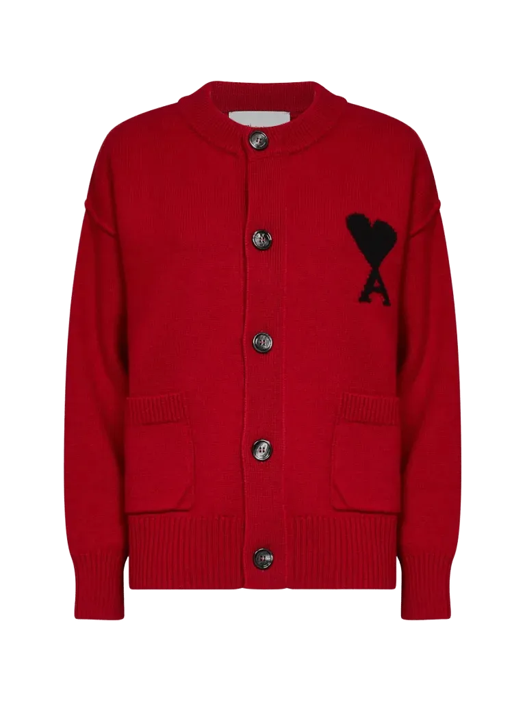 AMI Paris Intarsia-Knit Logo Cardigan — Red