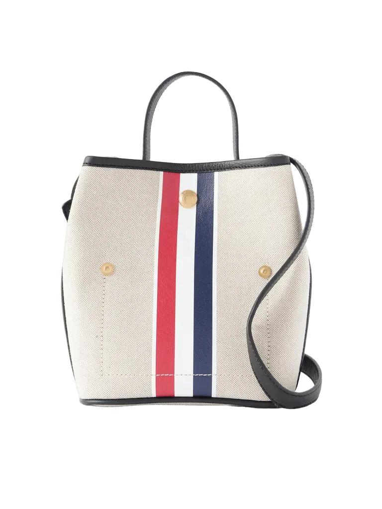 Striped leather-trimmed canvas bucket bag