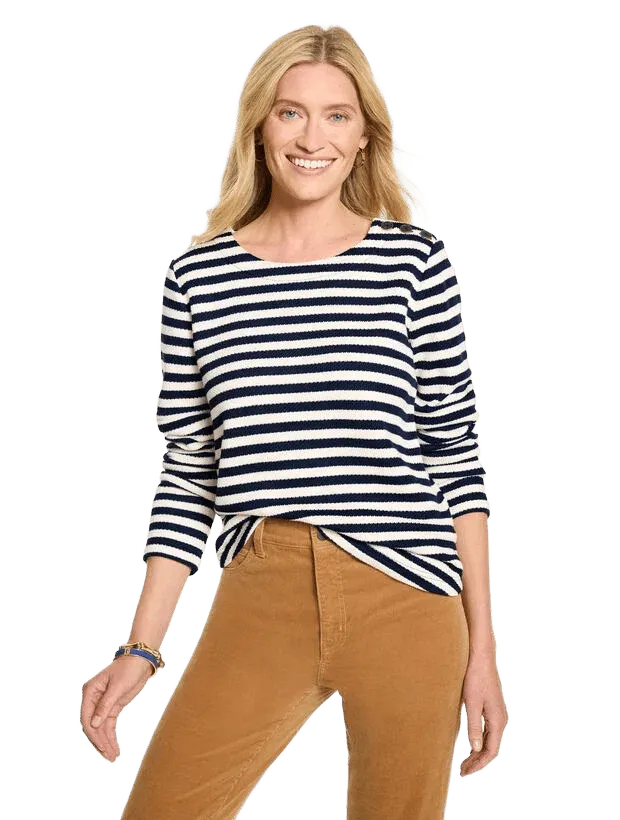 Button Shoulder Crewneck Pullover - Stripe